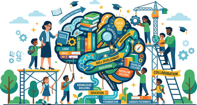 Creative educational banner template featuring skill development concept with small students studying together around large brain metaphor