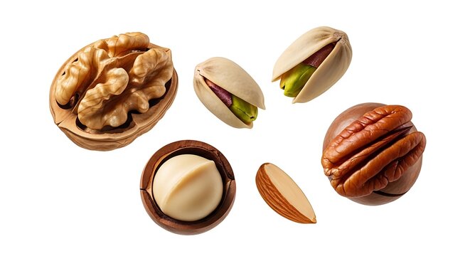 Assortment of nuts walnuts pistachios macadamia pecans and almonds