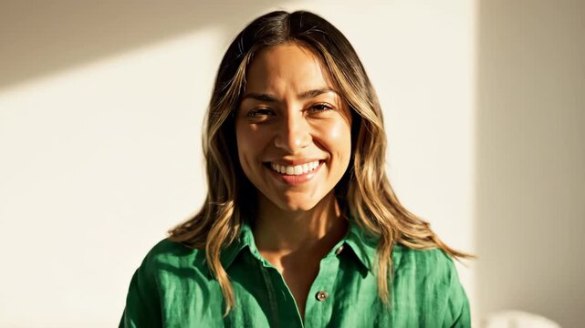 Young Smiling Woman Taking Selfie in Golden Hour Sunlight Wearing Green Shirt