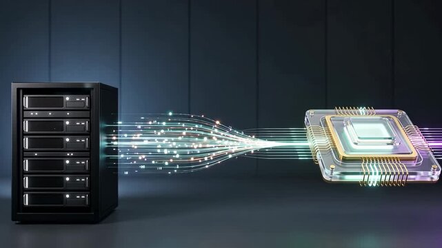 A server rack linked to glowing quantum chip with light stream showing quantum computing hybrid data connection