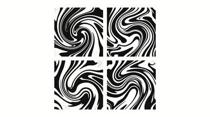 Fototapeta premium Four-panel black and white abstract swirl patterns forming a hypnotic tiled design for modern backgrounds and textures.