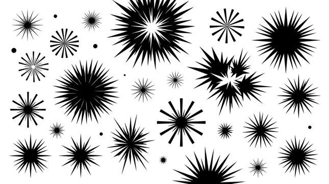 Collection of black starburst shapes and radial burst icons for decorative backgrounds, design accents, and graphic projects