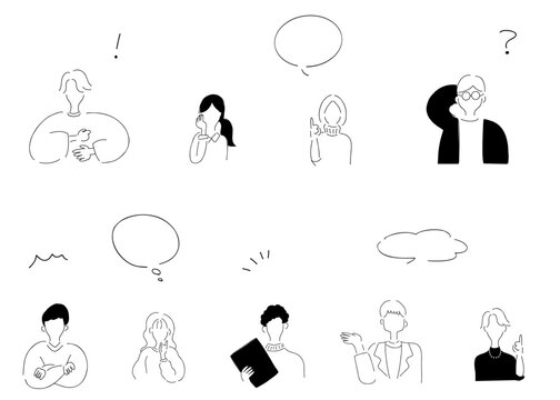 ＜フェイスレス＞オフィスカジュアルな人々&吹き出し＆あしらいセット_アバター,アイコン,人物_線画｜Faceless Office Casual People with Speech Bubbles Set &ndash; Avatar Icon Set in Line Art