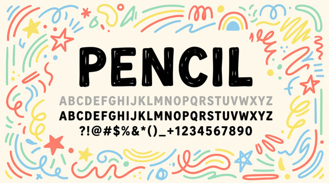 Colorful doodle background with hand-drawn pencil lettering, featuring stars, rainbows, and swirls for pencils or school supplies