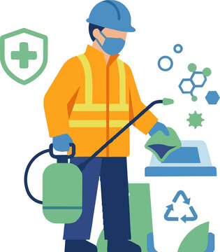 On background transparent. A dedicated sanitation worker, clad in protective gear, meticulously sanitizes a waste receptacle, embodying cleanliness, safety, and health.