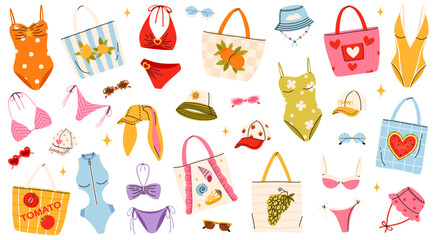 A large collection of beachwear and accessories. Swimsuits, tote bags, sunglasses, and hats. Perfect for branding, fashion templates, posters, and social media. © Kateryna Moskaleno