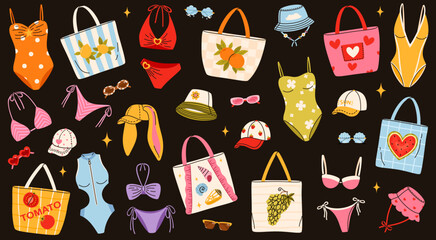 A large collection of beachwear and accessories on a dark background. Swimsuits, tote bags, sunglasses, and hats. Perfect for branding, fashion templates, posters, and social media. © Kateryna Moskaleno