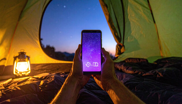 Cozy night camping view from inside a tent, showing hands holding a glowing phone screen against a starry sky. Perfect for travel, technology, and outdoor lifestyle themes and advertising.