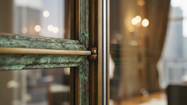 Close-up of aged bronze window frame with green patina. Classic architectural detail in a luxury apartment interior. Renovation and vintage design style