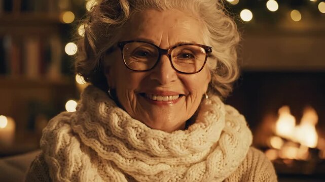 Smiling Senior Woman with Glasses Wearing Chunky Knit Scarf in Warm Firelight