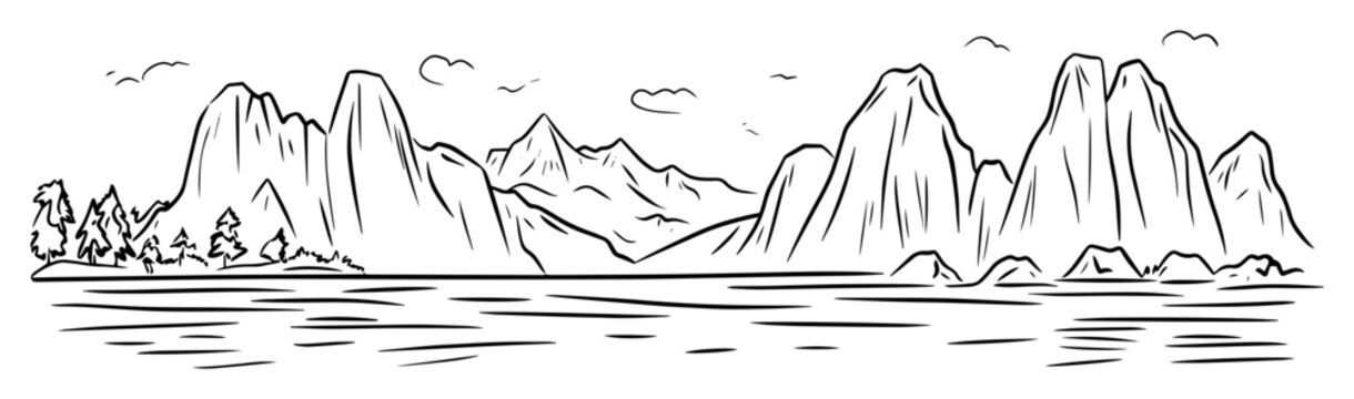 karst mountains tropical lake landscape sketch