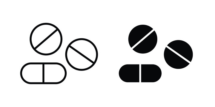 Painkiller pills icon pack in line art and flat design style