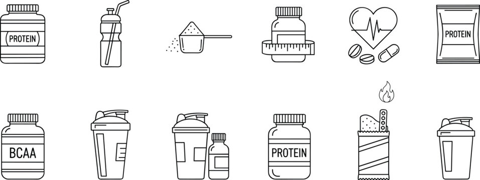 Protein supplement icons set fitness nutrition line vector bottles shaker energy bars BCAA health workout minimal outline illustration collection