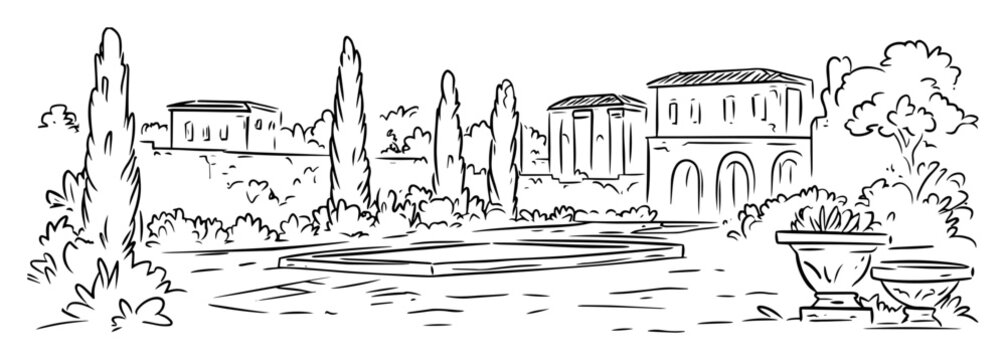 villa borghese gardens rome fountain sketch vector