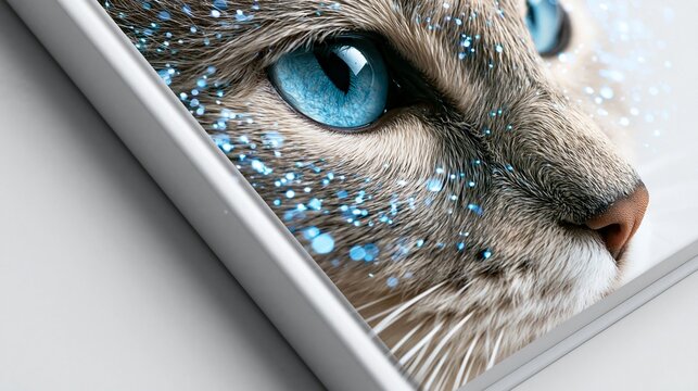 Katze mit leuchtend blauen, glitzernden Augen auf dem Cover eines modernen Buches