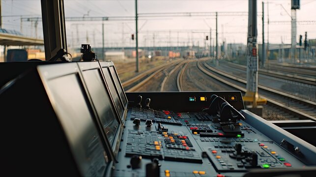 Train driver's instrument panel and controls overseeing railway tracks curving into the distance, with overhead catenary lines and signaling infrastructure visible at dusk