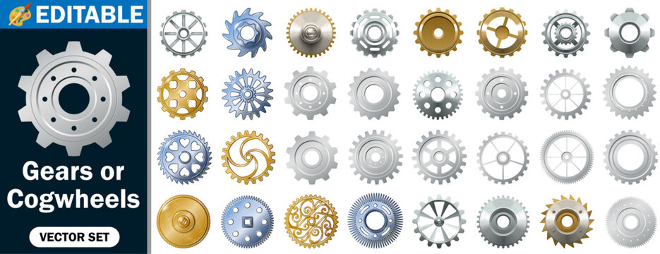 Metallic Gears and Cogwheels Vector Set: Industrial Machine Parts, Steampunk Elements, and Engineering Mechanical Hardware Icons