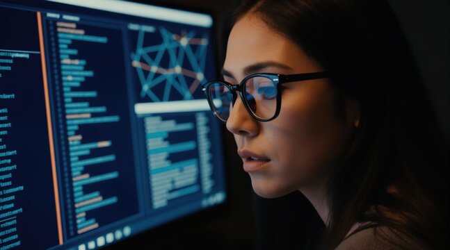 Woman wearing glasses analyzes code on computer screen. Person works on programming project in dark office late night. Female coder studies complex data charts and graphs, digital interface.
