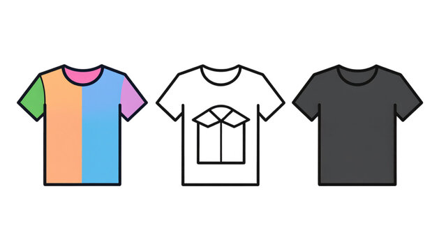 t shirt icons three t shirt icons one flat solid monochrome one thin black outline black and white one full color flat icon pastel color minimal fashion style