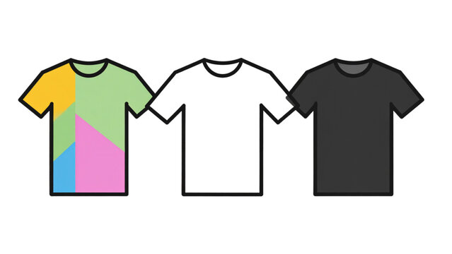 t shirt icons three t shirt icons one flat solid monochrome one thin black outline black and white one full color flat icon pastel color minimal fashion style