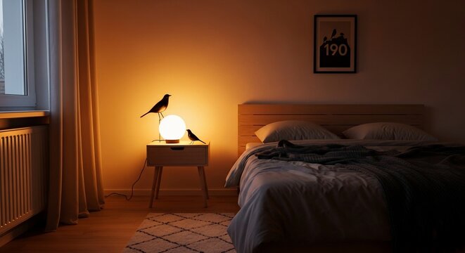 Birds perched on illuminated lamp bedroom interior