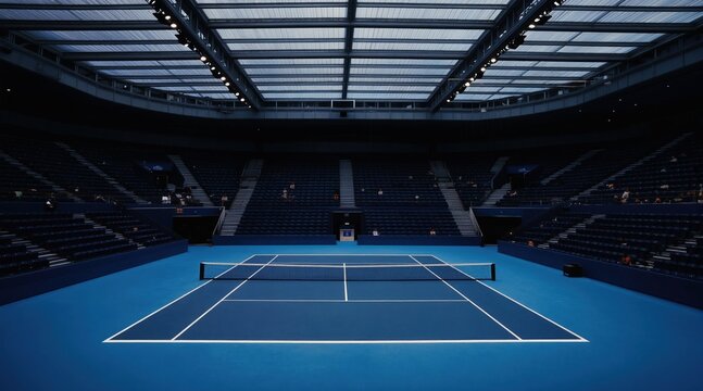 Empty tennis court in arena with blue surface and stadium seats. Sports venue ready for championship match, pro game, competition. Net on hardcourt.