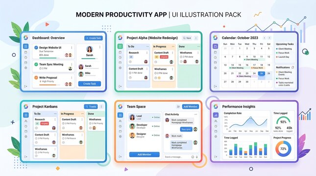 A comprehensive flat illustration of a professional productivity software interface featuring modules for task lists, team collaboration, calendars, and data analytics