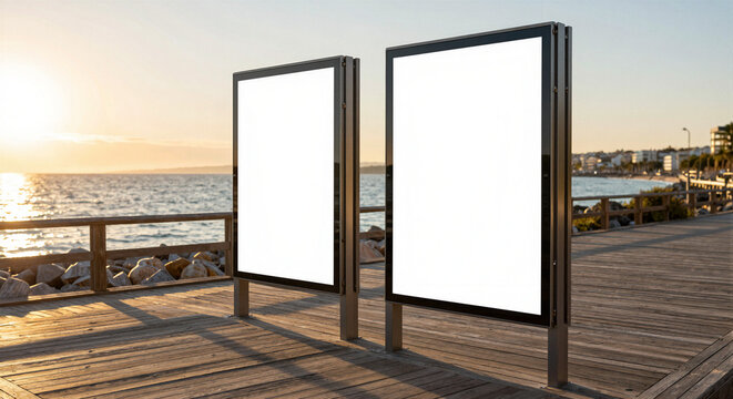 Blank billboard mockup on seaside promenade, two vertical white poster displays at sunset, outdoor advertising banners on wooden boardwalk