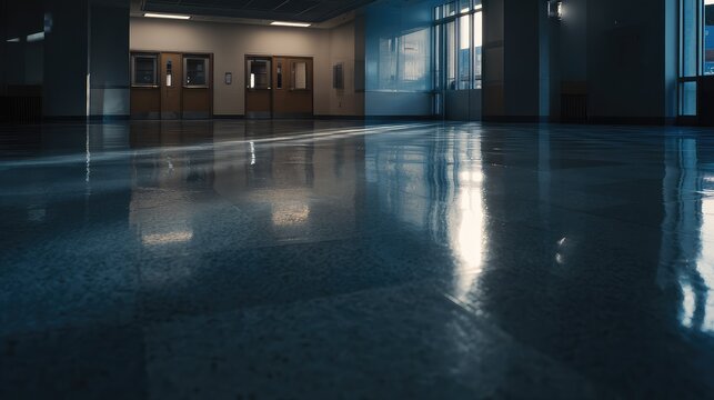 Empty school hallway featuring polished linoleum floors catching bright sunlight reflections, creating a clean and minimalist interior with closed doors and subtle shadows