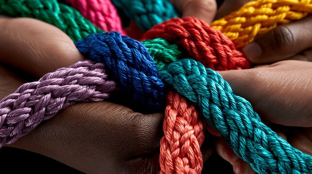 Mehrere H&auml;nde halten gemeinsam bunte, miteinander verflochtene Seile als Symbol f&uuml;r Zusammenarbeit und Teamgeist.