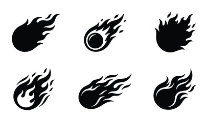 Fiery Meteor Icons, Comet Vector Graphics, Space Fireball Symbols, Cosmic Impact Illustrations, Set of 6 Black and White Celestial Objects © Rukaiya