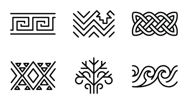 Set of 6 Geometric and Abstract Vector Ornaments, Decorative Borders, and Stylized Icons for Design Projects