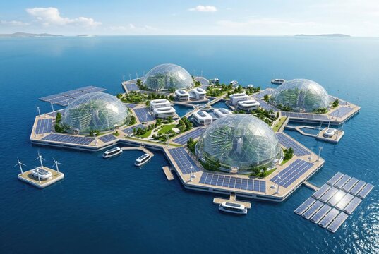 Futuristic floating farm concept on blue ocean with self-sufficient domes