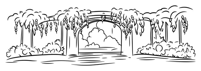 oriental garden with stone bridge and willow trees © Mago