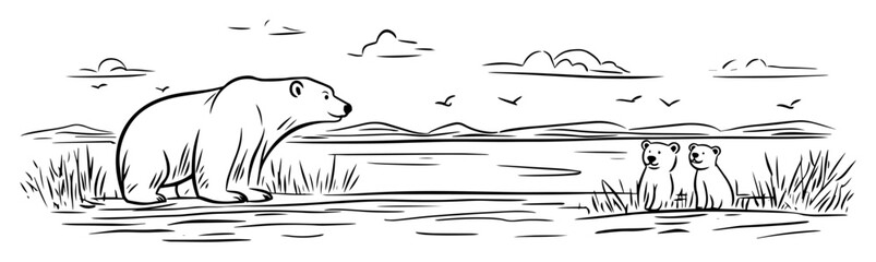 polar bear near arctic water with two cubs © Mago