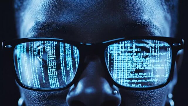 Black woman wearing glasses with digital code reflection