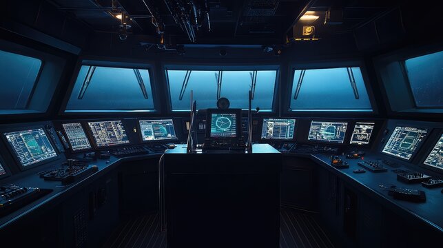 Ship bridge with multiple digital screens and control panels in a dark command center, showcasing modern maritime navigation, radar displays, and advanced vessel systems