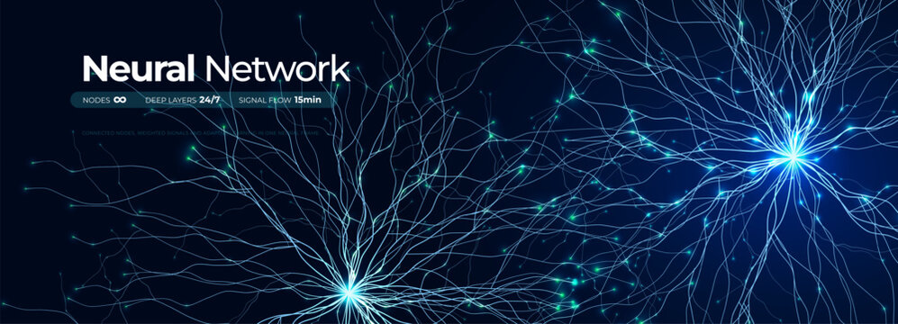 Neural Network Neurone Firing Synapse Connections Fractal Web for Biotech Science Technology Background. Neuron Cell, Digital AI Brain Medical Tech, Data Analysis Visualisation. Vector Illustration