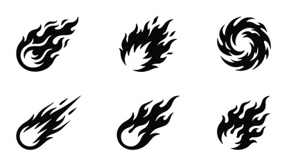 Fiery Meteorite Icons, Black Comet Symbols, Abstract Cosmic Fireball Graphics, Set of 6 Celestial Impact Vector Elements © MdArman