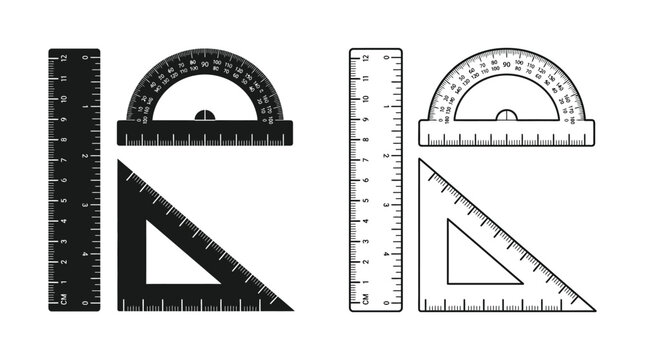 Stationery set with protractors set squares and rulers black and white