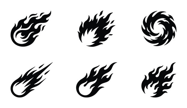 Fiery Meteorite Icons, Black Comet Symbols, Abstract Cosmic Fireball Graphics, Set of 6 Celestial Impact Vector Elements