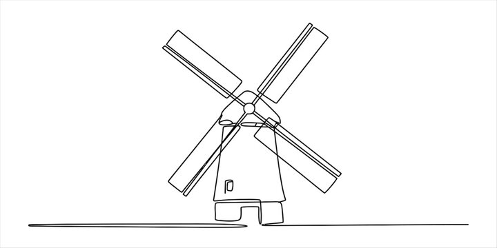 Continuous single line drawing of a rustic traditional windmill building with rotating blades for a simple minimalist icon or artistic logo design element Vector, illustration