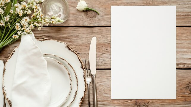Rehearsal Dinner Invitation Card with a rustic table setting on the left side leaving a blank space area on the right side for event details