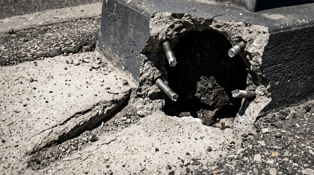 Extreme macro of fractured concrete street sign base with snapped bolts and asphalt gash in harsh midday light