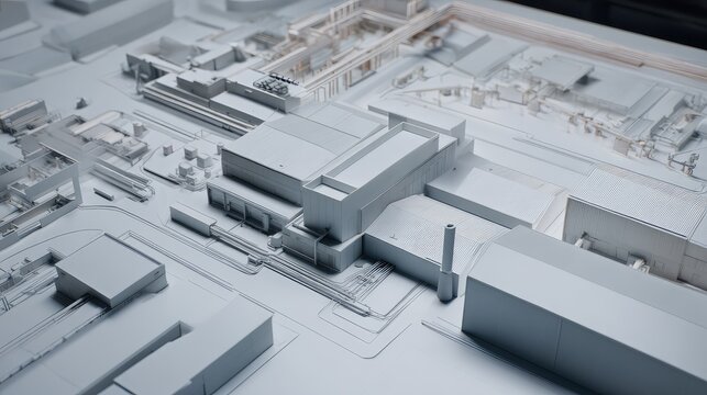 Grayscale architectural scale model displays a detailed urban plan of an industrial area with interconnected buildings, infrastructure, and an intricate pipe system across the landscape