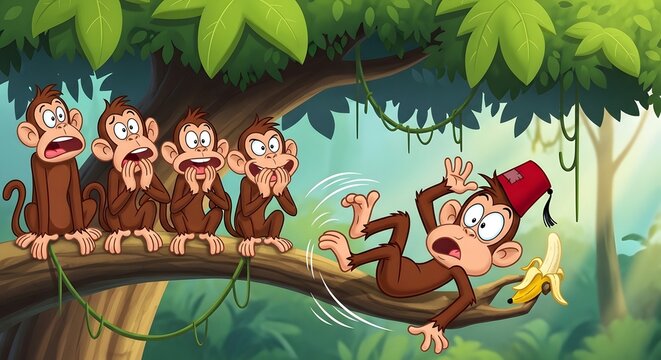 Funny cartoon monkeys on a tree branch with one monkey slipping and dropping a banana
