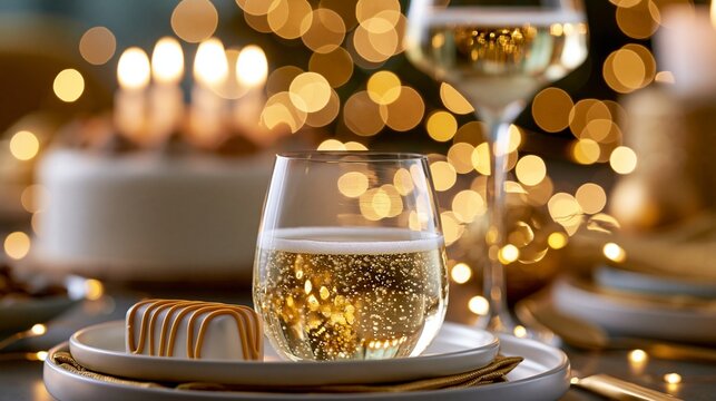 Nahaufnahme eines Champagnerglases auf einem festlich gedeckten Tisch mit warmem goldenem Bokeh-Hintergrund.