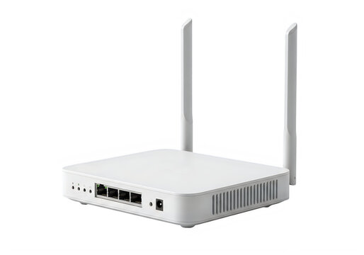 Modern wireless internet router with dual antennas isolated on transparent background