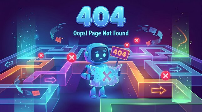Playful cartoon robot lost in a glowing digital maze, illustrating a frustrating 404 Page Not Found web error.