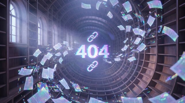 Digital vortex in a surreal library displaying 404 Page Not Found, symbolizing lost information and connection errors.